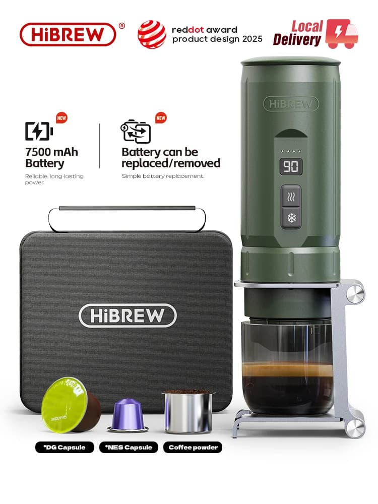 آلة إسبريسو محمولة HiBREW H4C 3 في 1 صانعة قهوة للسفر ببطارية ليثيوم 7500mAh تسخين ذاتي لكبسولات Ns DG والقهوة المطحونة