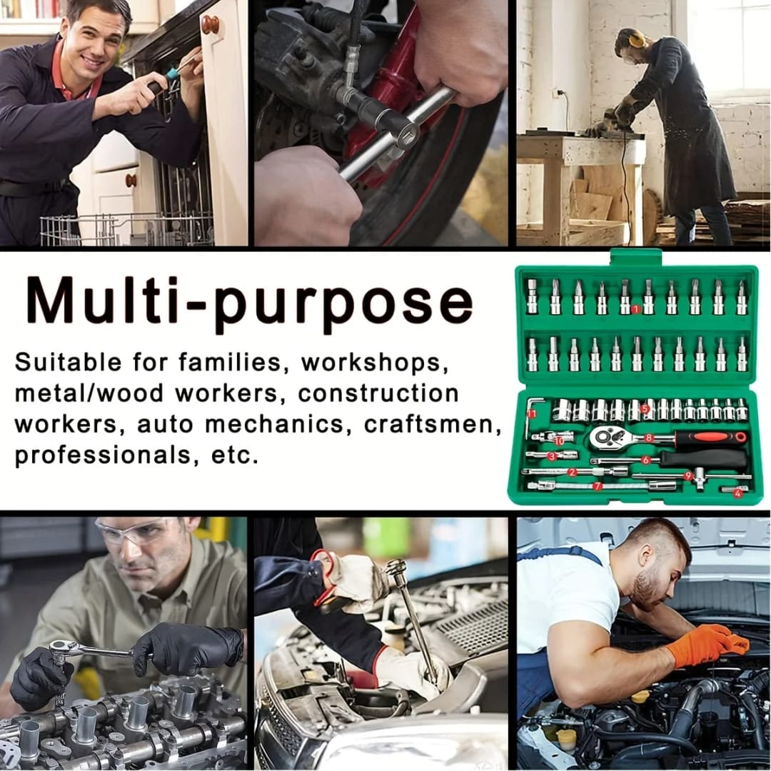 مجموعة إصلاح السيارات الجديدة 2025، 46 قطعة، تشمل مفتاح راتشيت ومقابس، صندوق أدوات للصيانة - 4