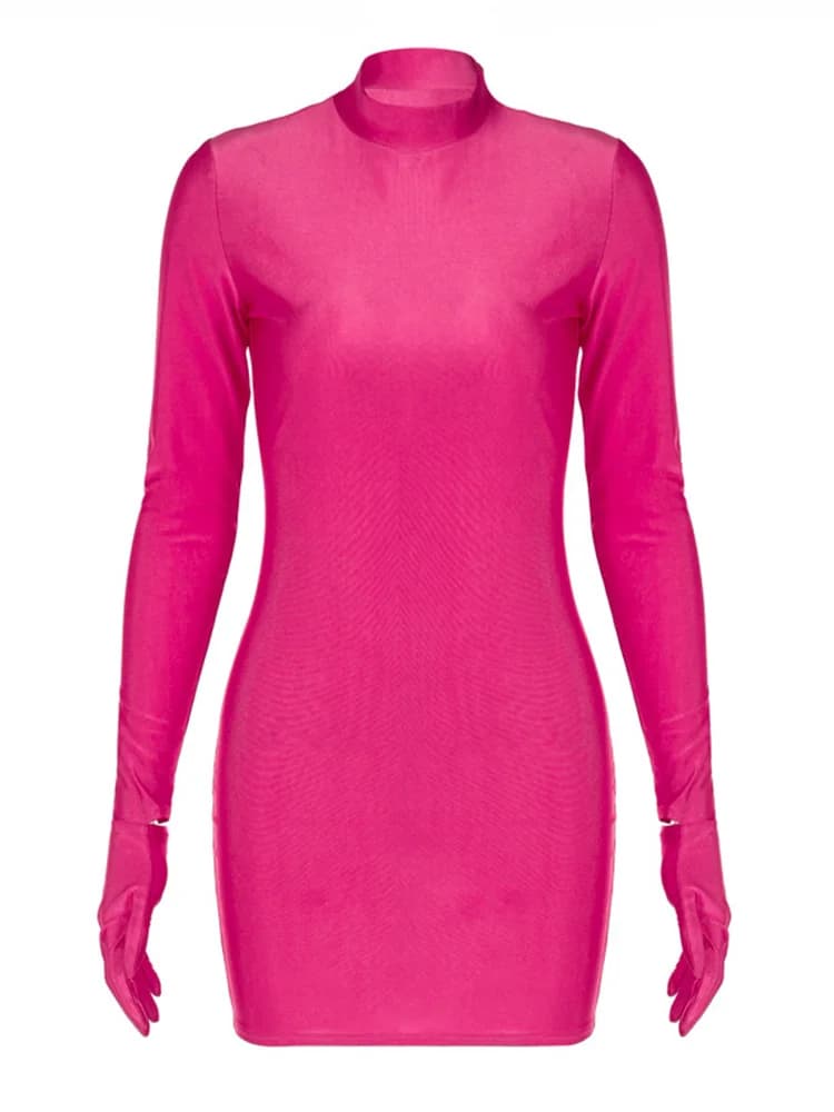 Solid Long Sleeve With Gloves Mini Dress Bodycon Sexy Streetwear Party Half Turtleneck Outfits Y2K Clothes Wholesale - 5