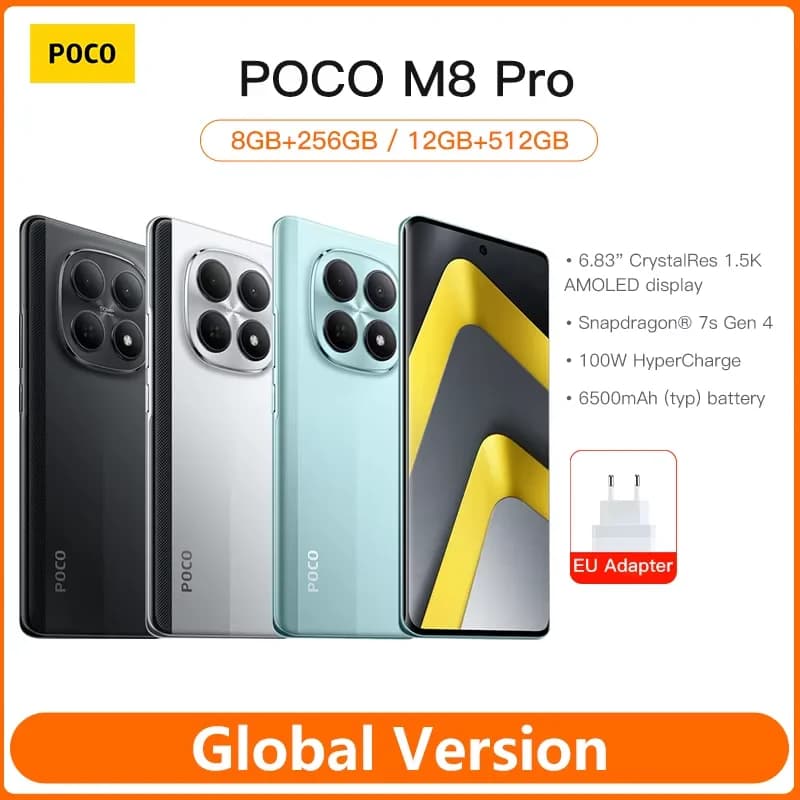 هاتف شاومي بوكو M8 برو 5G نسخة عالمية سنابدراجون 7s Gen 4 شاشة 6.83 بوصة 1.5K بمعدل تحديث 120Hz بطارية 6500mAh شحن 100W NFC