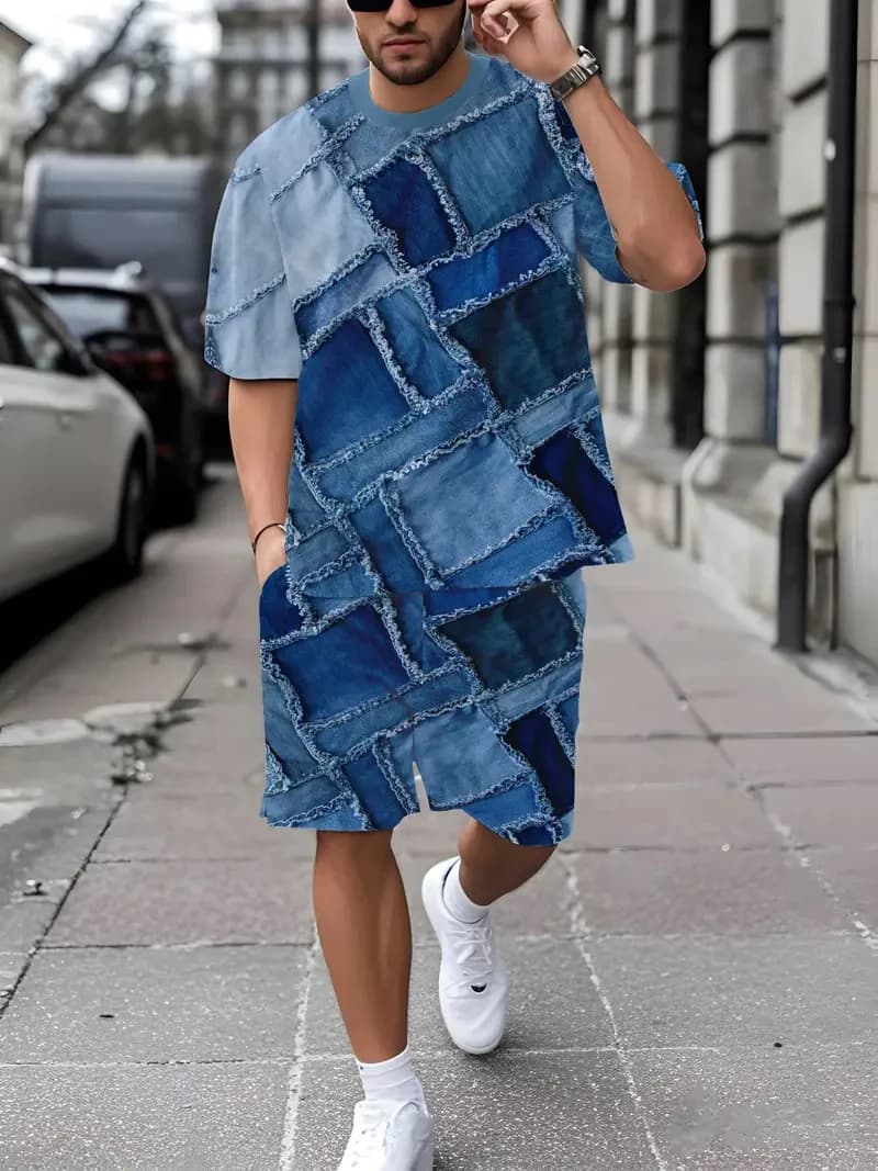 Denim Graphic T-shirt And Shorts 2-piece Set 2025 Plus Size Men's Clothing Casual Loose Drawstring Waist Shorts Short Sleeve Top - 4