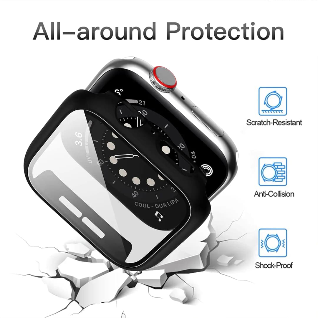 زجاج مقوى + غطاء لساعة Apple Watch 9 8 مقاس 41 ملم و45 ملم و42 ملم و38 ملم، حافظة واقي شاشة بإطار من البولي كربونات لسلسلة iWatch 7 6 5 4 se مقاس 44 ملم و40 ملم - 5