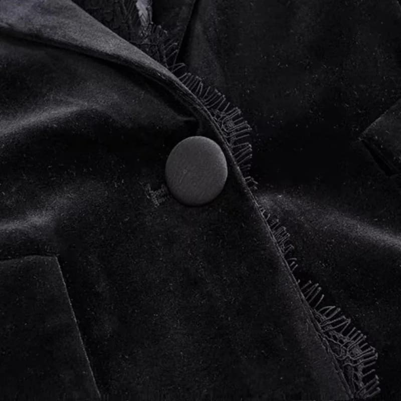 بلازر مخملي أسود فاخر للنساء | جاكيت قصير بزخارف ذهبية وحواف دانتيل | معطف خارجي للربيع والخريف G872 - 4