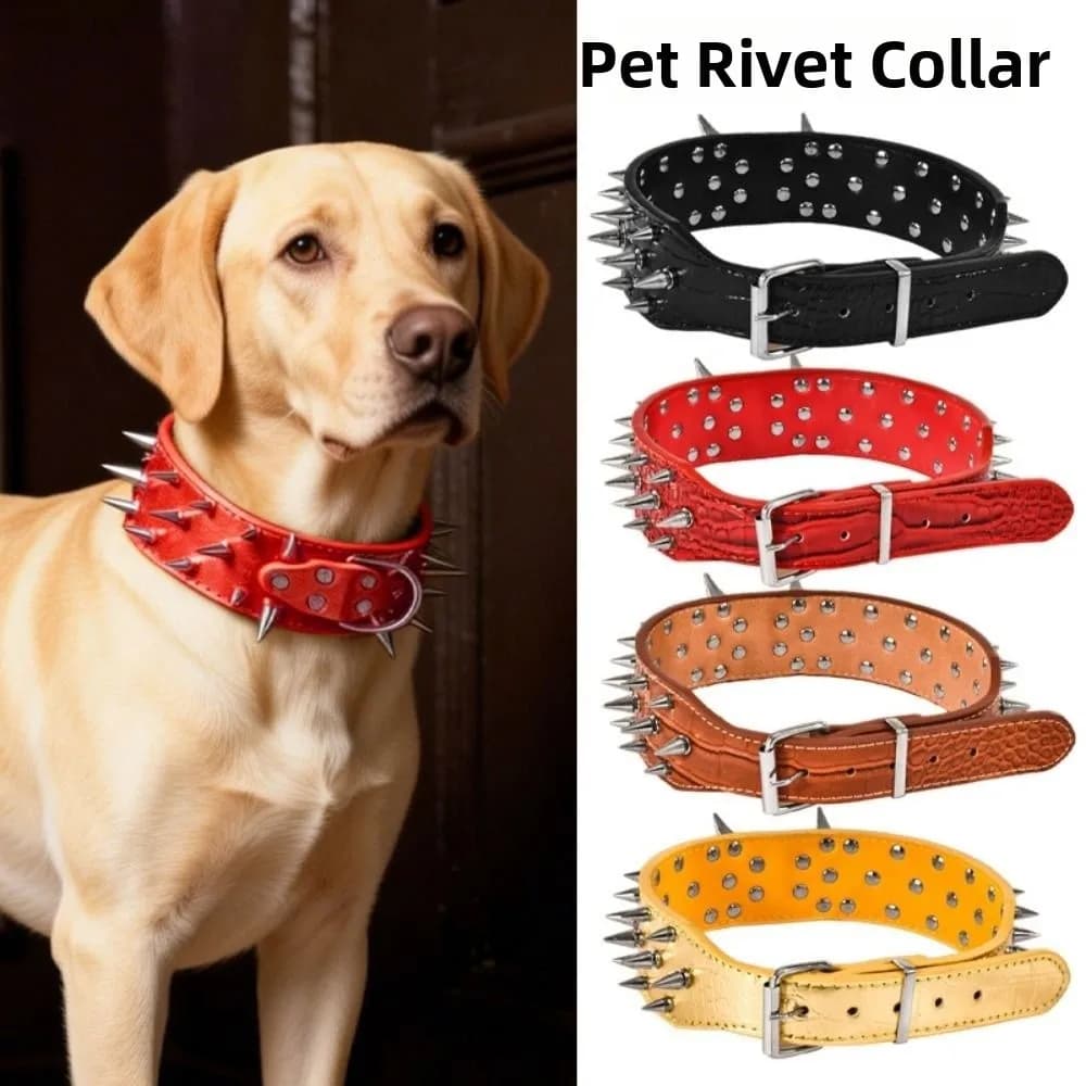 Anti-bite Spiked Dog Collars Adjustable Widen PU Leather Pet Necklace Heavy Duty Sharp Rivets Pet Collar Outdoor Dog Walking - 5