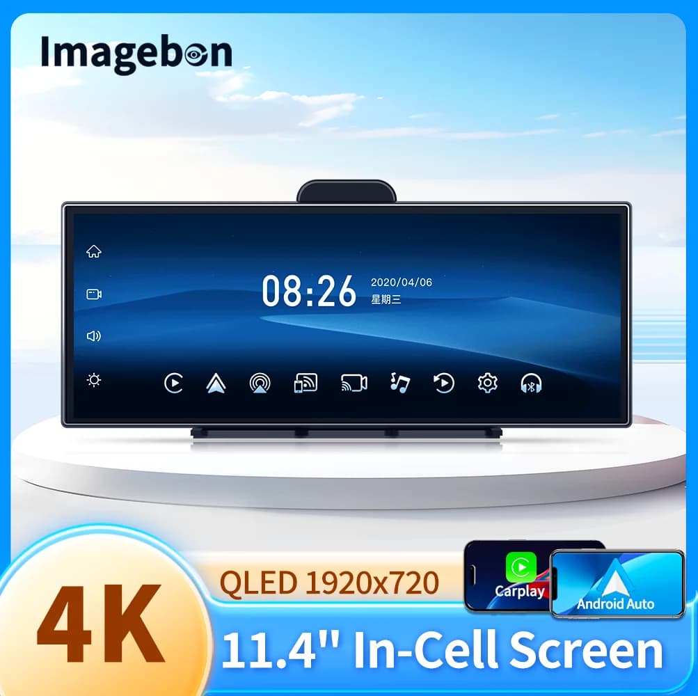 Imagebon H70K شاشة 11.4 بوصة، كاميرا سيارة 4K بدعم كاربلاي اللاسلكي وأندرويد أوتو، تسجيل مزدوج، واي فاي، ملاحة GPS، تحكم صوتي ذكي، رؤية ليلية