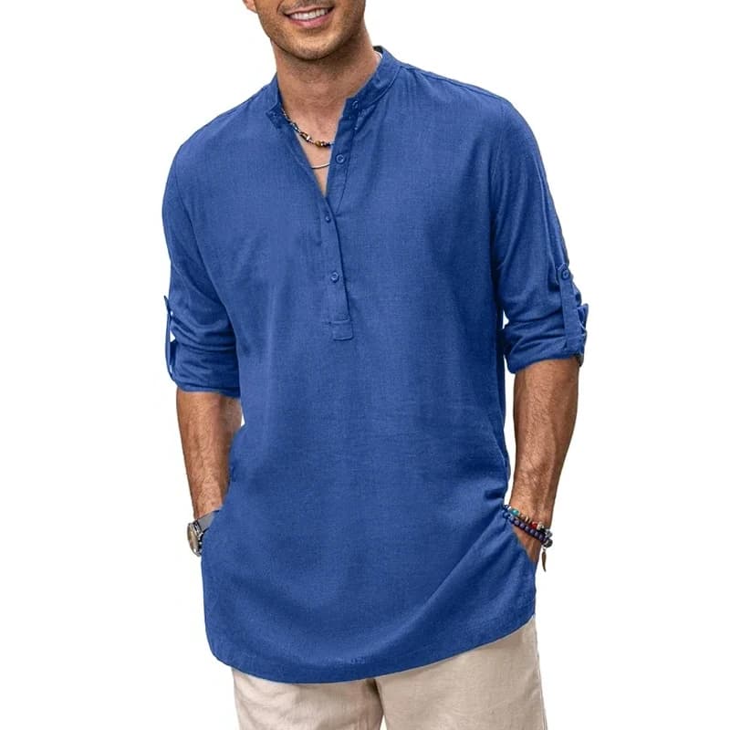 Mens New Cotton Oversized Henley Shirt Casual Lightweight Long Sleeve Tops Stylish Beach and Hawaiian Inspired Tee for Men - 3