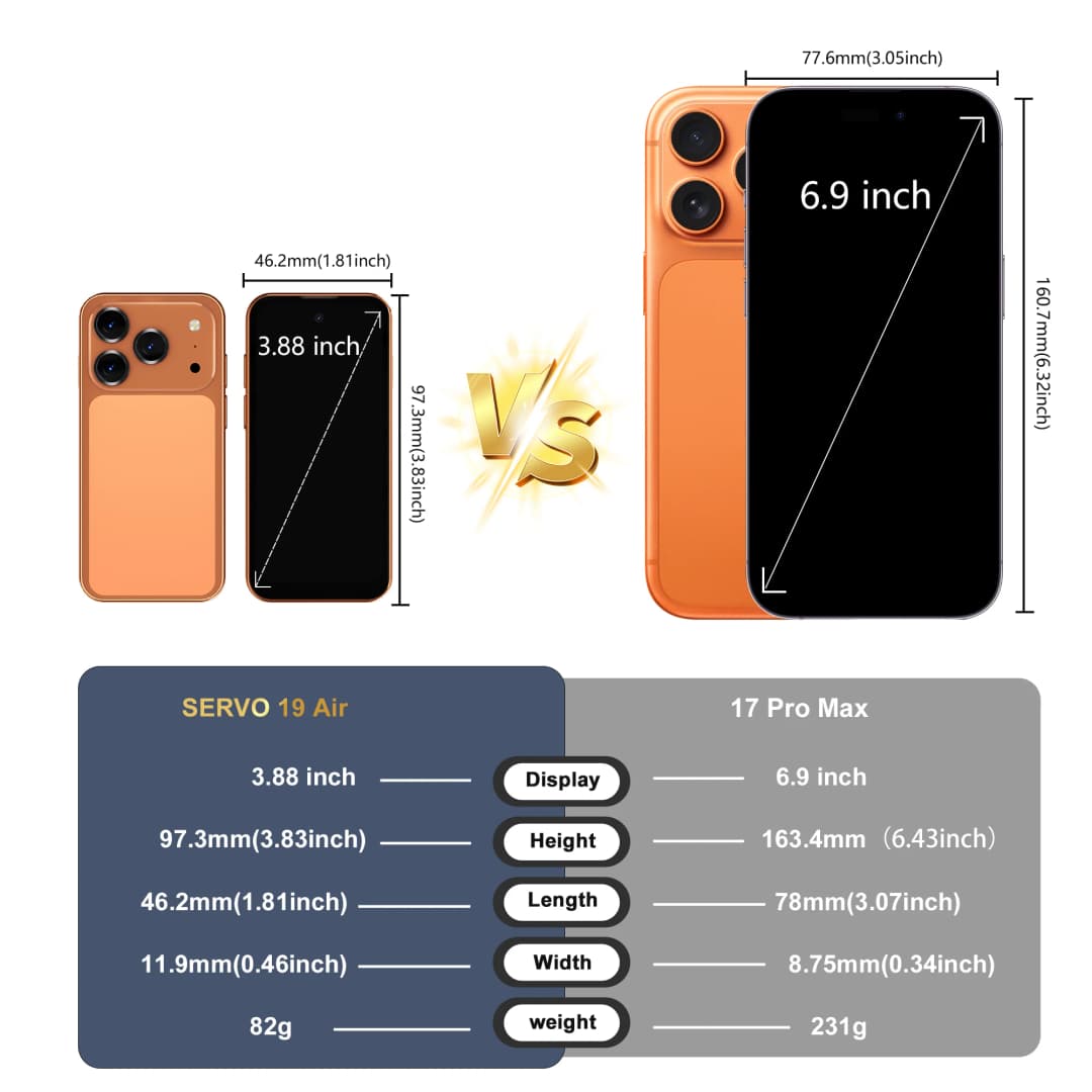 هاتف ذكي صغير SERVO 19 Air 4G LTE بنظام أندرويد 12.0، ذاكرة وصول عشوائي 6 جيجابايت، ذاكرة قراءة فقط 128 جيجابايت، متجر Play، فتح الوجه، نظام تحديد المواقع GPS، بطاقتي SIM، شاشة 3.88 بوصة - 6