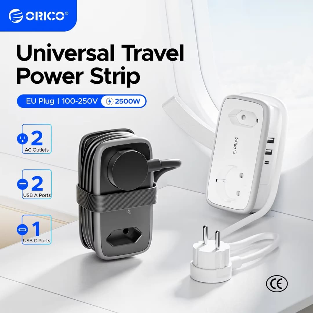 شريط طاقة ORICO مع قابس EU مزود بمنفذين AC و3 منافذ USB وكابل تمديد 1.1 متر، مقبس ذكي للشحن 5 في 1 للمنزل/السفر يوفر المساحة