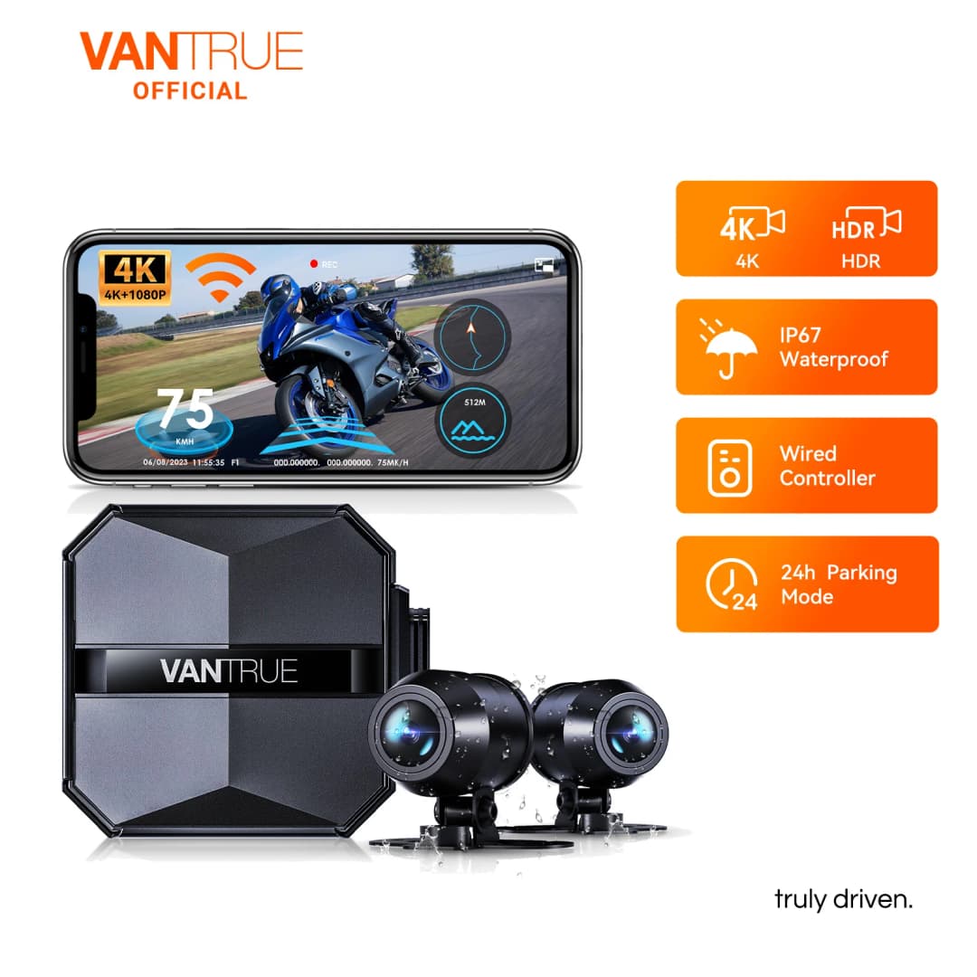 Vantrue F1 كاميرا دراجة نارية بدقة 4K، كاميرا أمامية وخلفية، GPS، مقاومة للماء، واي فاي، زاوية واسعة 160 درجة، وضع وقوف السيارات 24 ساعة، وحدة تحكم سلكية