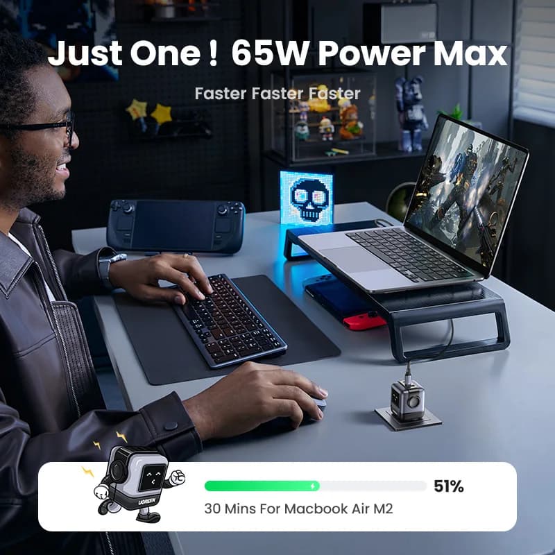شاحن UGREEN 65W GaN بتصميم روبوت Uno، شحن سريع 4.0 و3.0 وPPS وPD لهواتف آيفون 17 و16 و15 برو، ماك بوك، أجهزة الكمبيوتر المحمولة، والأجهزة اللوحية - 2