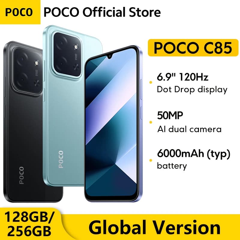 هاتف ذكي POCO C85 إصدار عالمي NFC 128GB 256GB معالج MediaTek Helio G81-Ultra شاشة 6.9 بوصة Dot Drop كاميرا رئيسية 50MP بطارية 6000mAh