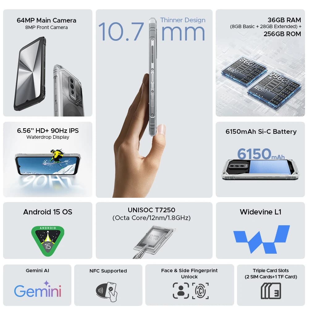 الإصدار العالمي DOOGEE Blade10 هاتف قوي فائق الطاقة Gemini AI بسماكة 10.7 ملم وبطارية 6150 مللي أمبير في الساعة ونظام أندرويد 15 وهاتف ذكي مزود بتقنية NFC - 2