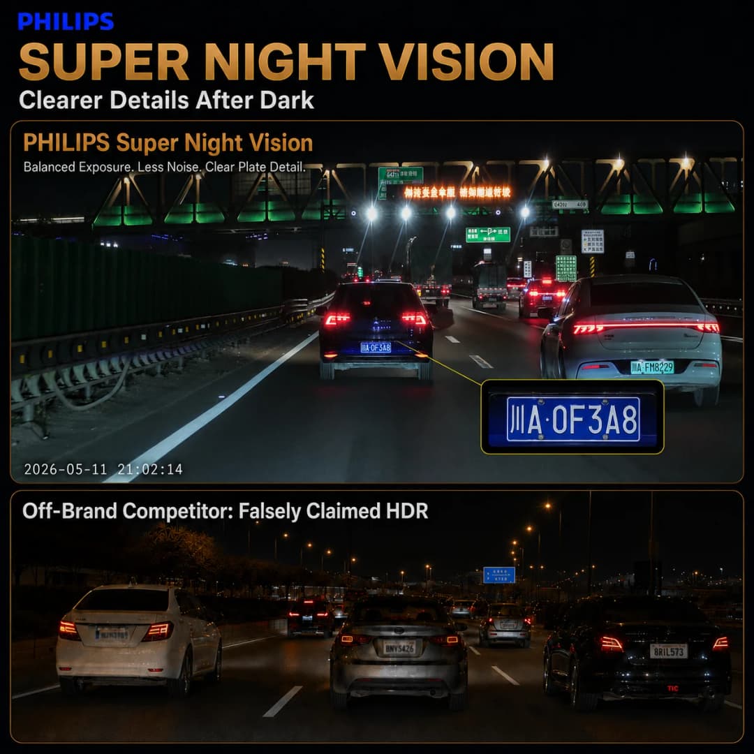 كاميرا سيارة PHILIPS Dash Cam F03 بدقة 2K QHD+1K مزدوجة أمامية وخلفية بشاشة 3.16 بوصة IPS واي فاي 2.4GHz و5GHz مراقبة الوقوف 24 ساعة - 3
