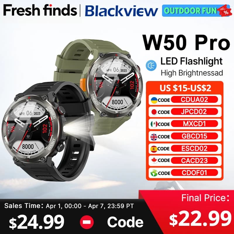 بلاك فيو W50 برو ساعة ذكية - شاشة 1.45 بوصة HD، مصباح يدوي، بلوتوث، مكالمات هاتفية، بطارية 960 مللي أمبير