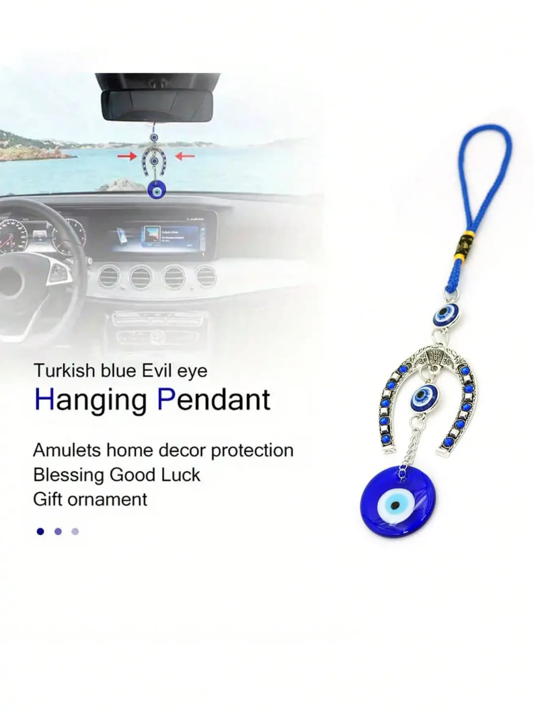 1 قطعة عين الشيطان حدوة الحصان على شكل العين الزرقاء حجر الراين قلادة تزيين محظوظة ، سلسلة المفاتيح وشماعة السيارة - 2