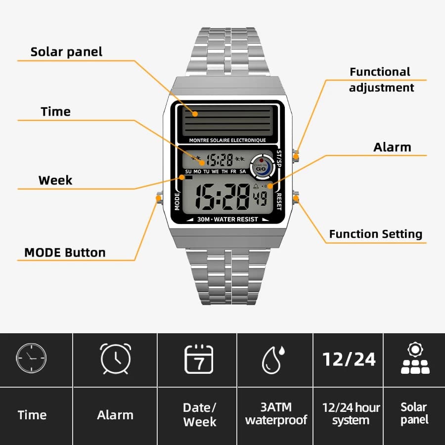 Solar Retro Fashionable Multi-function Electronic Watch, Battery Life Can Reach About Two Years, 30M Waterproof - 5
