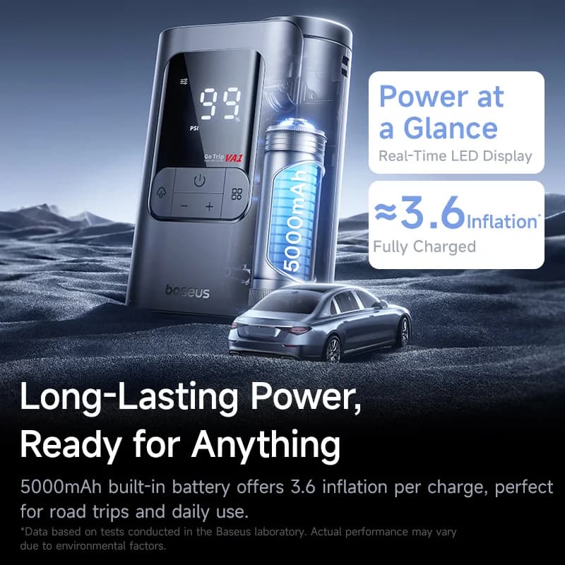 مضخة هواء سيارة لاسلكية من Baseus، ضاغط هواء محمول للسيارات والدراجات النارية والدراجات الهوائية، منفاخ إطارات كهربائي مع شاشة عرض رقمية LCD - 2