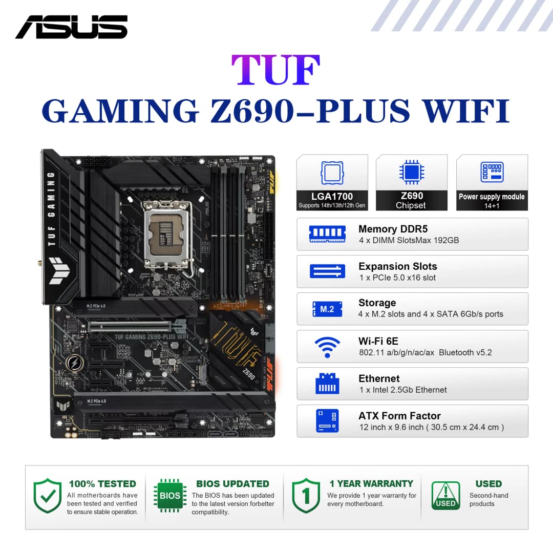 لوحة أم ASUS TUF GAMING Z690-PLUS WIFI بمقبس LGA1700 ومعالج DDR5 6000(OC) MHz وشريحة Z690 ATX