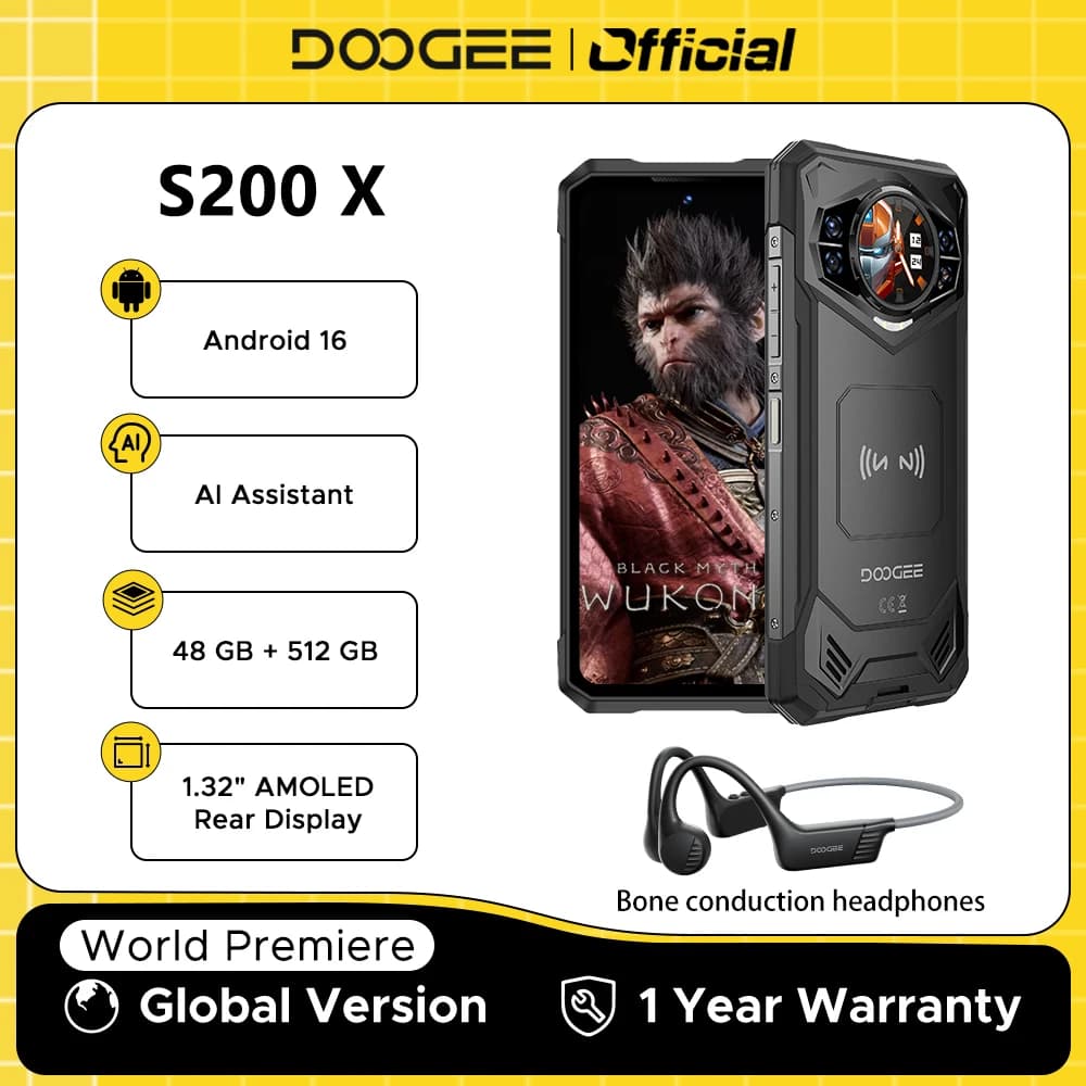 الإصدار العالمي DOOGEE S200 X هاتف متين 5G بنظام أندرويد 16، 48 جيجابايت رام، 512 جيجابايت روم، شاشة 6.72 بوصة FHD+ بمعدل تحديث 120 هرتز، معالج Dimensity 7050، بطارية 10100 مللي أمبير، مساعد ذكاء اصطناعي، تقنية NFC