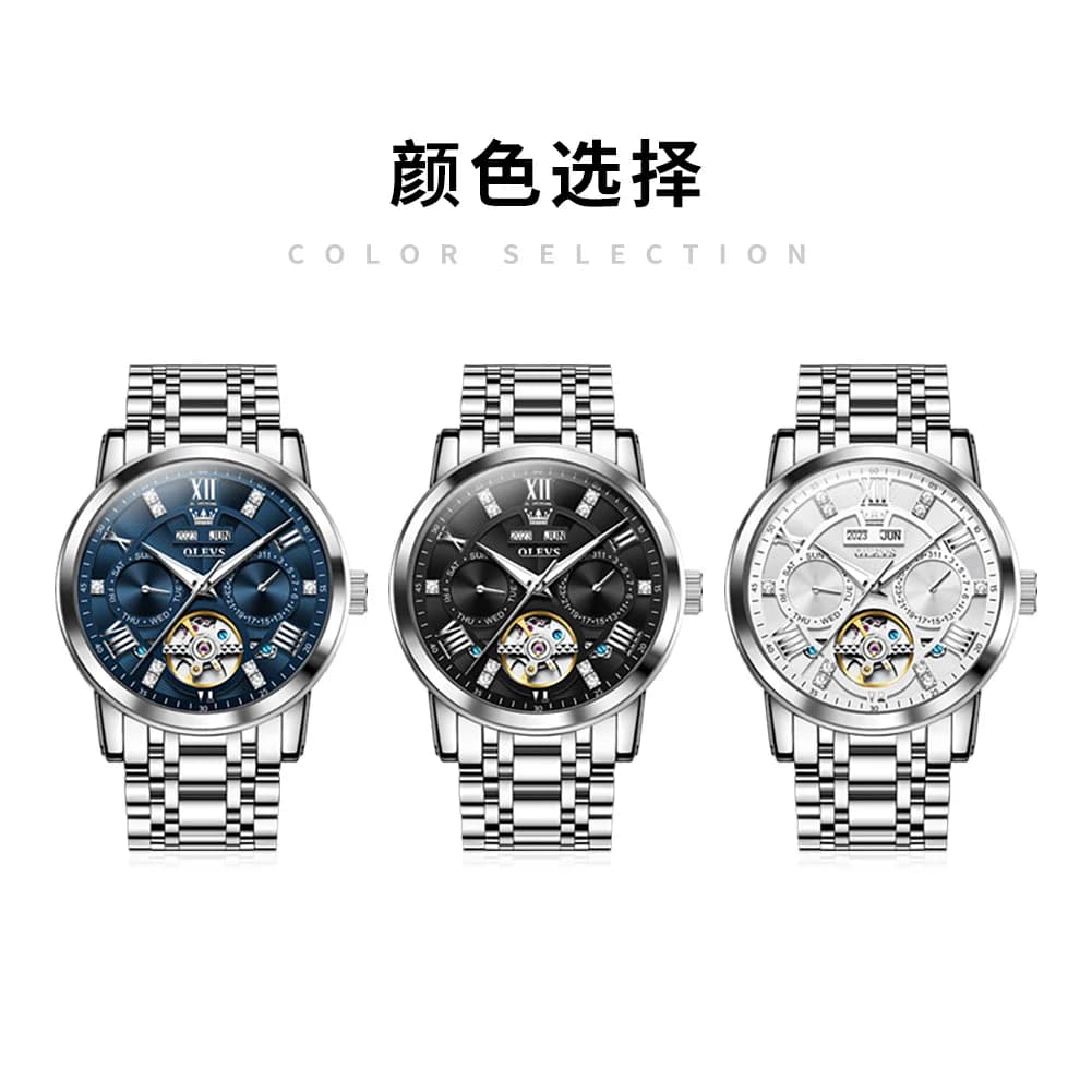 ساعات أوليفس رجالية هيكل عظمي طارة دوارة ميكانيكية أوتوماتيكية أصلية ساعة يد رجالية مقاومة للماء مضيئة تقويم دائم - 6