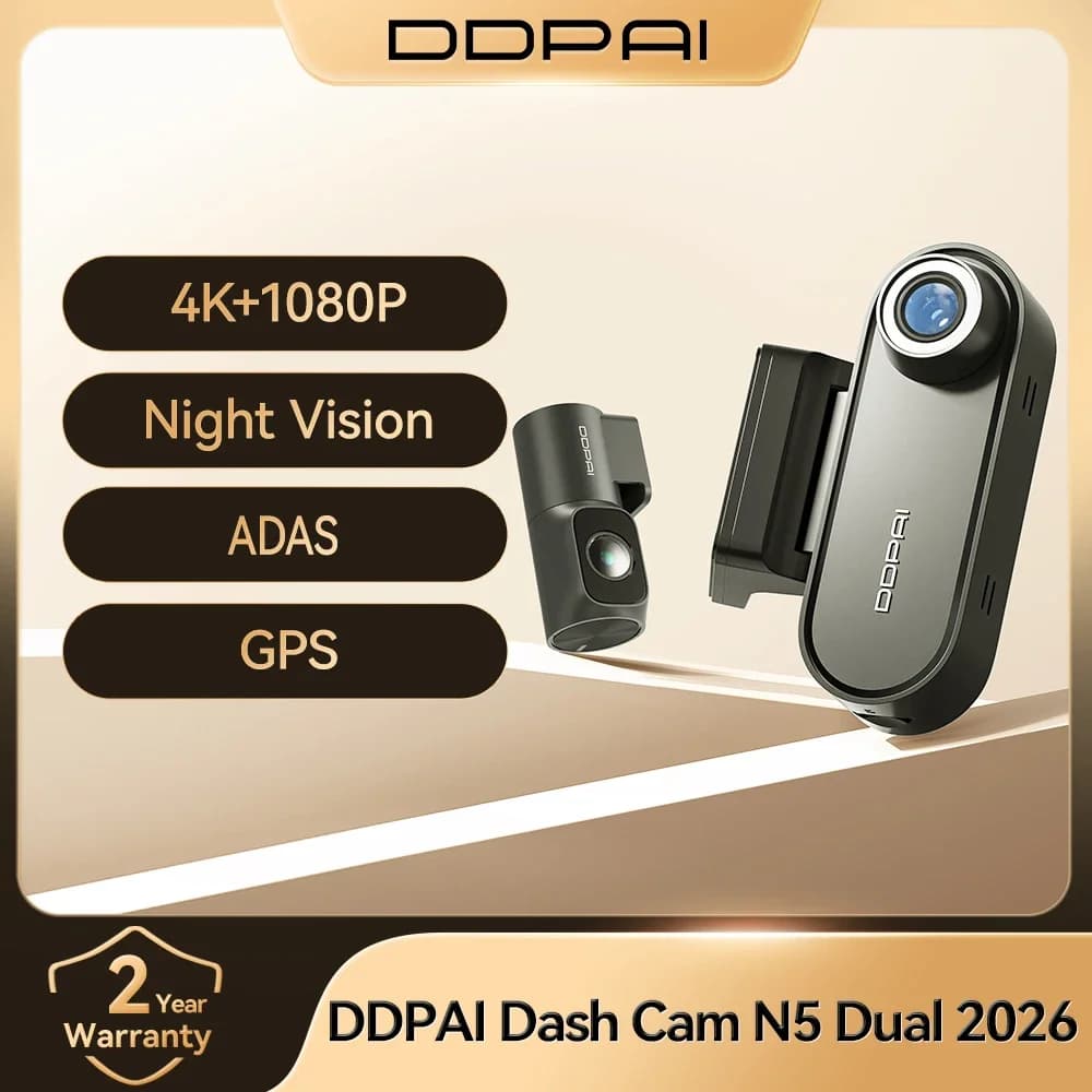 كاميرا سيارة DDPAI N5 مزدوجة بدقة 4K HDR مع رؤية ليلية بالذكاء الاصطناعي، واي فاي 6، GPS، ADAS، تحكم صوتي، وضع ركن 24 ساعة، ذاكرة 32 جيجا eMMC