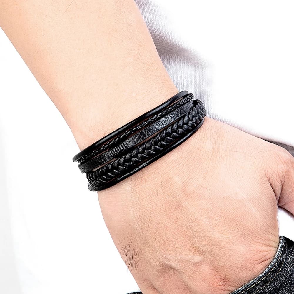 XQNI Luxury Fashion Hand-Woven Leather Bracelet Multilayer Men's Bangles Stainless Steel Magnetic Buckle Party Jewelry Gift - 4