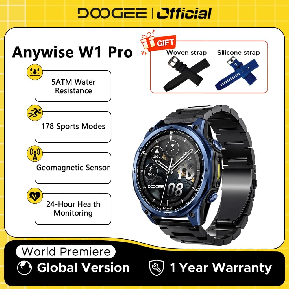 DOOGEE ANYWISE W1 PRO Smartwatch 5ATM Water Resistance 178 Sports Modes Health Monitoring Geomagnetic Sensor Offline Maps