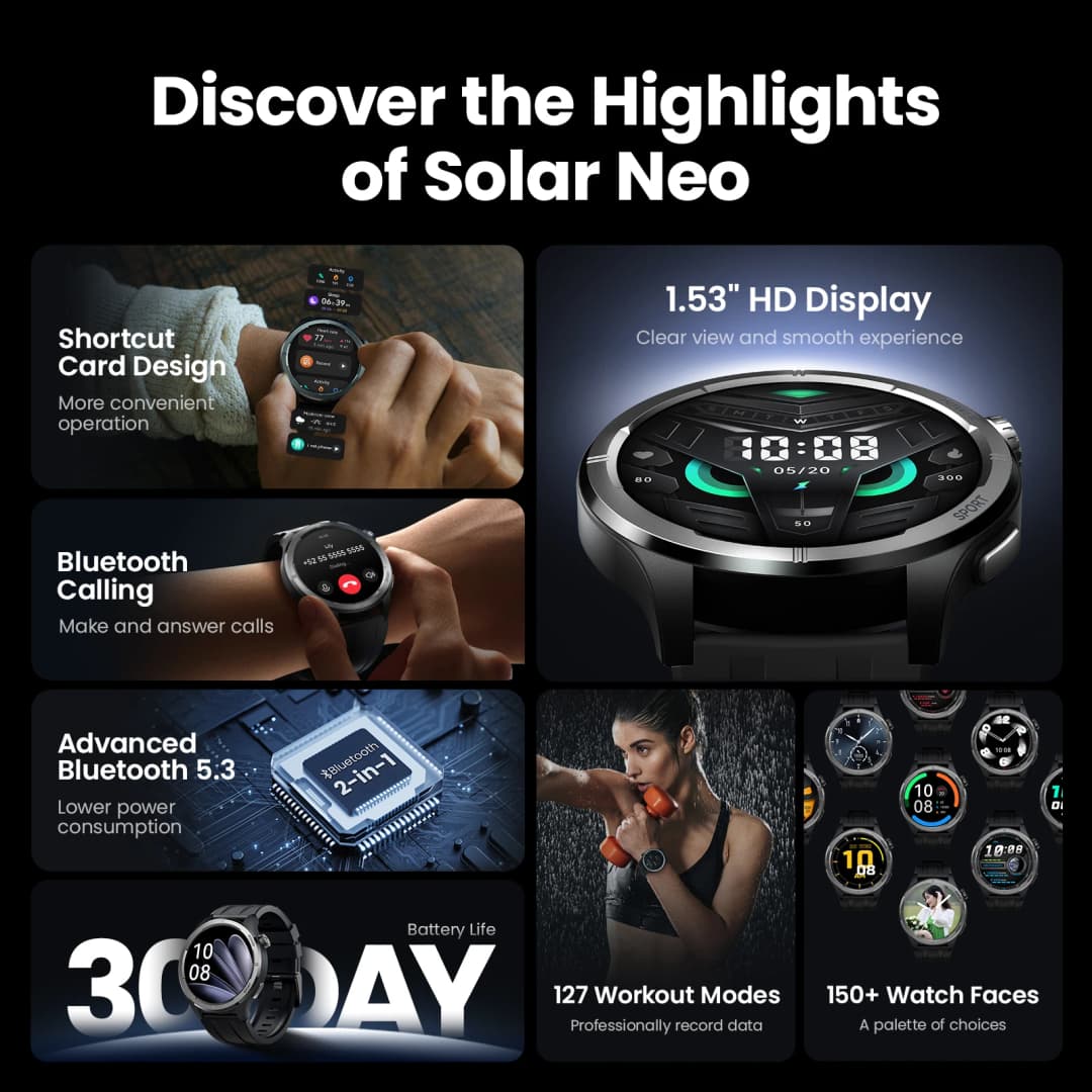 ساعة ذكية HAYLOU Solar Neo مع شاشة HD 1.53 بوصة ومكالمات Bluetooth ومراقبة صحية على مدار 24 ساعة للرجال والنساء - 2
