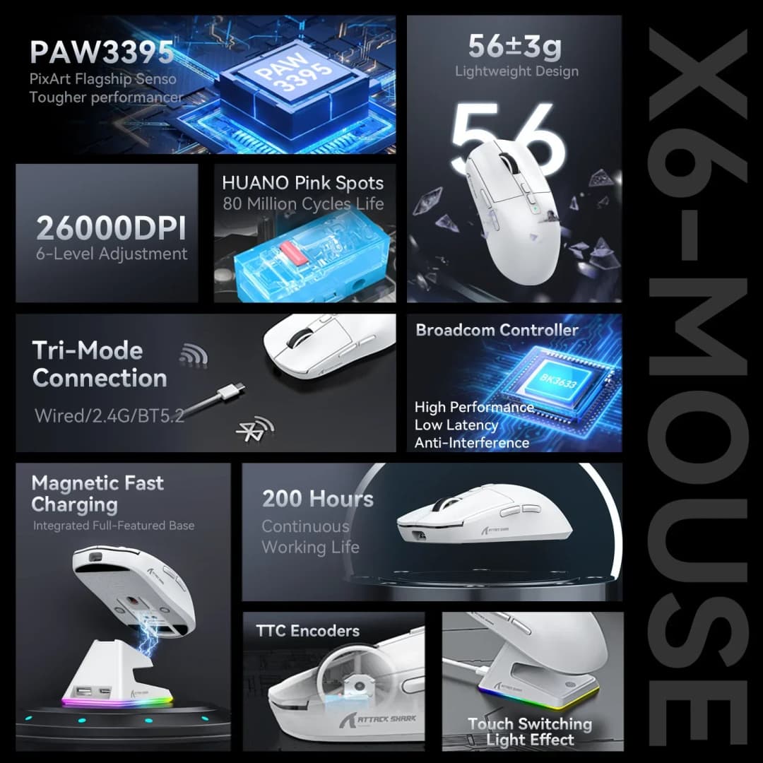 ATTACK SHARK X6 Tri-Mode Wireless Gaming Mouse, 55g Lightweight, PAW3395 Sensor, 26000 DPI,RGB Charging Dock,1000Hz Polling Rate - 6
