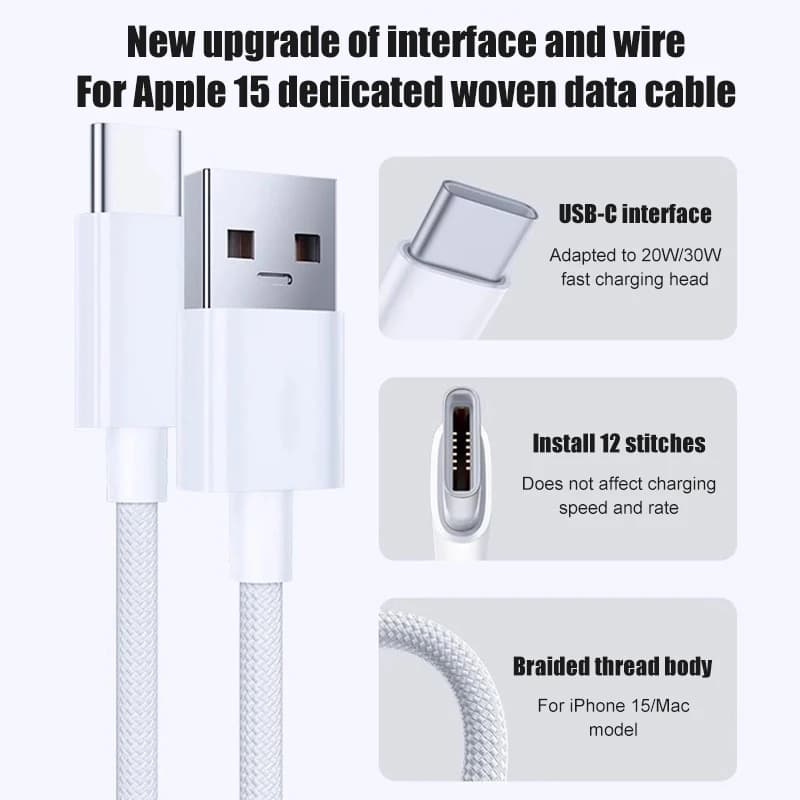 60W USB C Phone Cable For iPhone 16 15 17 Pro Max 17 Air Plus Fast Charging Type-C Charge Braided Cables USB to Type C Data Line - 6
