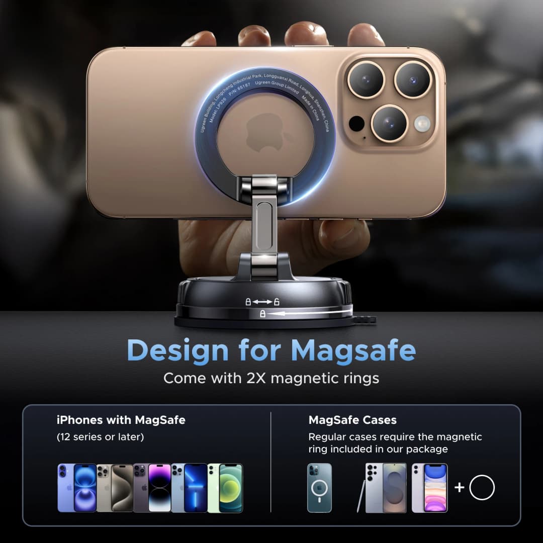 UGREEN Magnetic Car Phone Holder Dashboard Suction Cup 360°Rotatable Car Mount For Magsafe iPhone 16 15 14 ProMax Xiaomi Samsung - 6