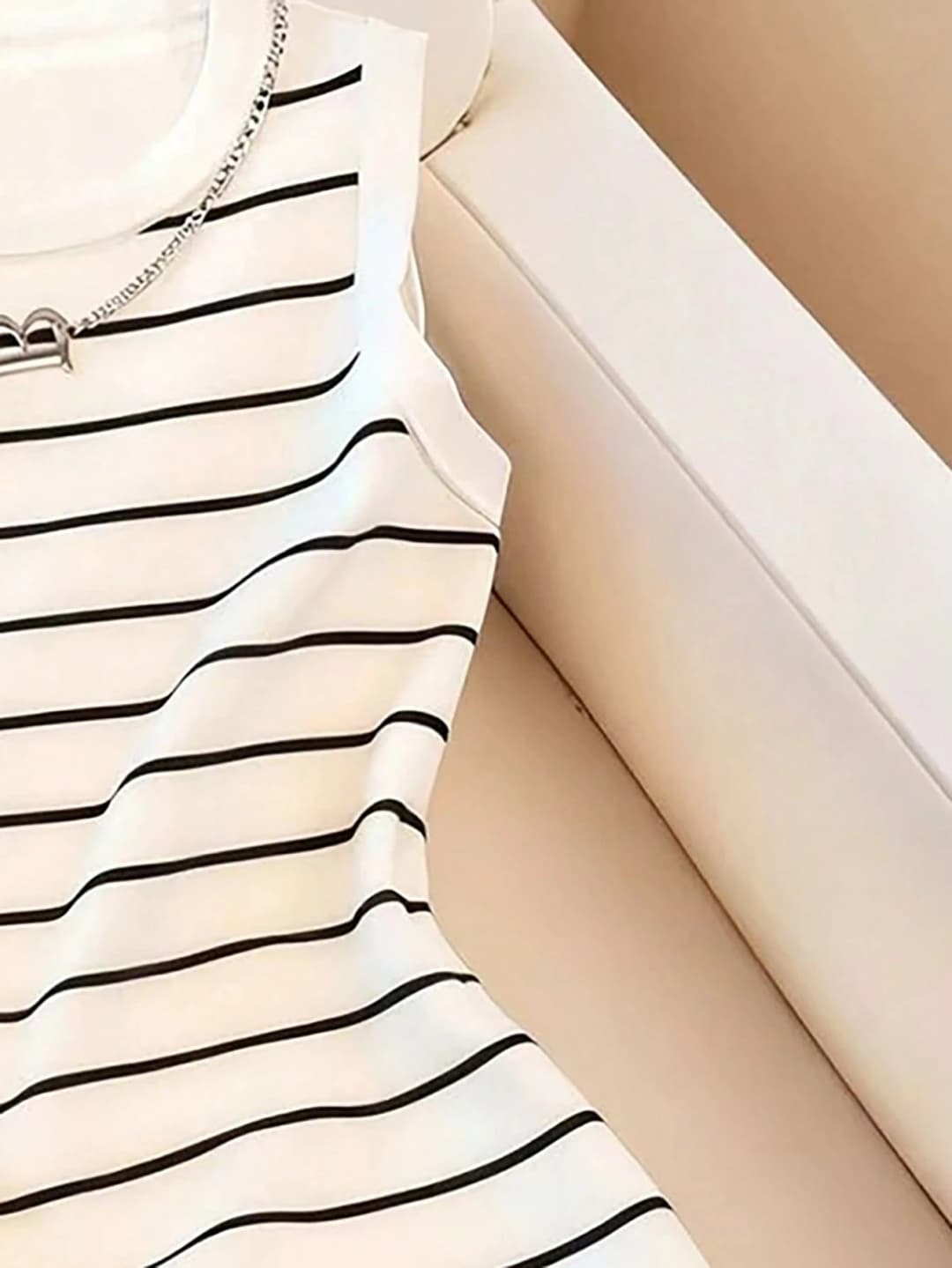 Women's Spring/Summer Casual Elegant Sleeveless Slim-Fit Round Neck Striped Print Dress - 3