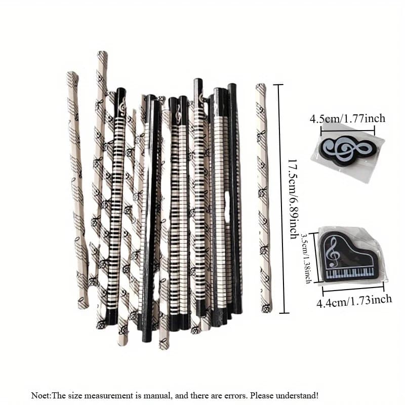 10Pcs Piano Music Note Pencil + 4pcs Pencil Eraser Stationery HB Wooden Painting Sketch Pen Exquisite Gift - 2