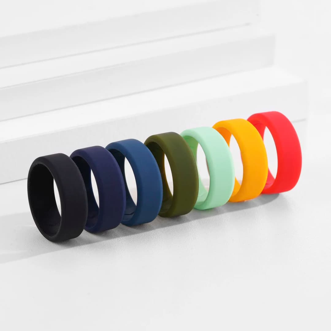 7 Pack Men's Silicone Wedding Bands, 8mm Wide Rubber Rings for Workout Sports, Comfort Fit Ring Set, Gift for Husband Him - 2