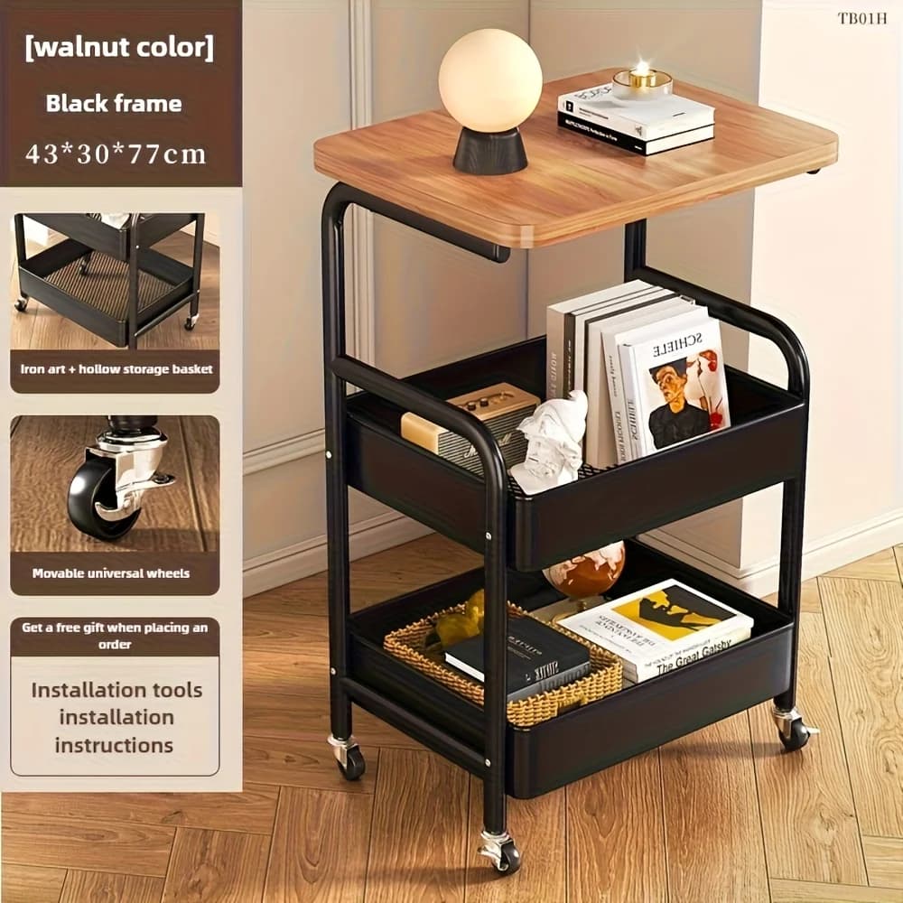 Metal 3-Tier Kitchen Island Cart with Tabletop Storage Snack Rack Durable Steel Frame Rolling Wheels - 2