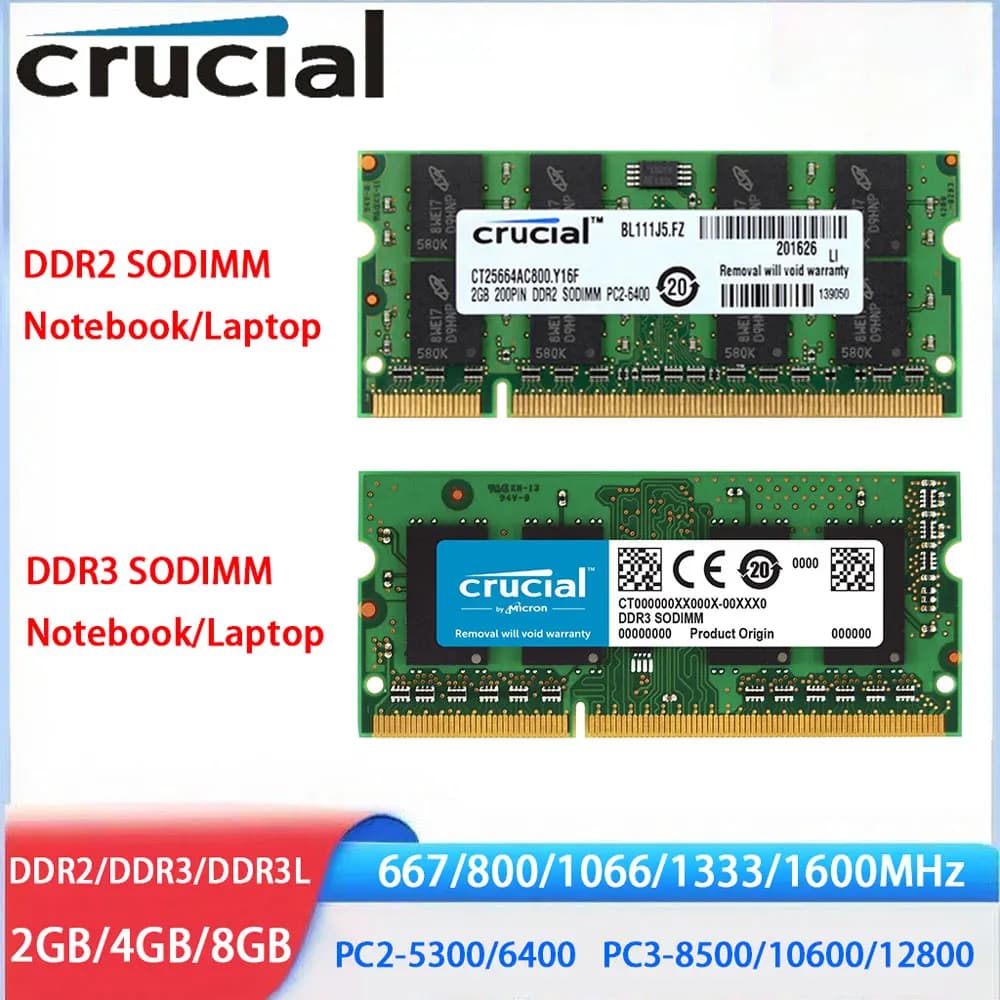 Crucial Laptop Memory RAM DDR3 DDR3L DDR2 2GB 4GB 8GB 1600 1866 1333 1066 667 800MHz PC3-8500 10600 12800 1.35V Notebook SODIMM