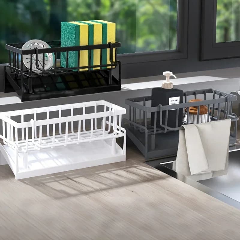 Drill-Free Sink Organizer Multi-Use Sponge Soap Holder Draining Rack for Kitchen Countertop Storage Waterproof Shelf 1PC - 3