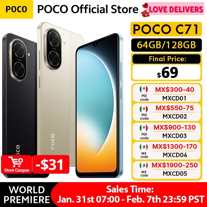 هاتف POCO C71 نسخة عالمية معالج UNISOC T7250 شاشة غامرة 6.88 بوصة كاميرا مزدوجة 32 ميجابكسل AI شحن 15 واط بطارية 5200 مللي أمبير