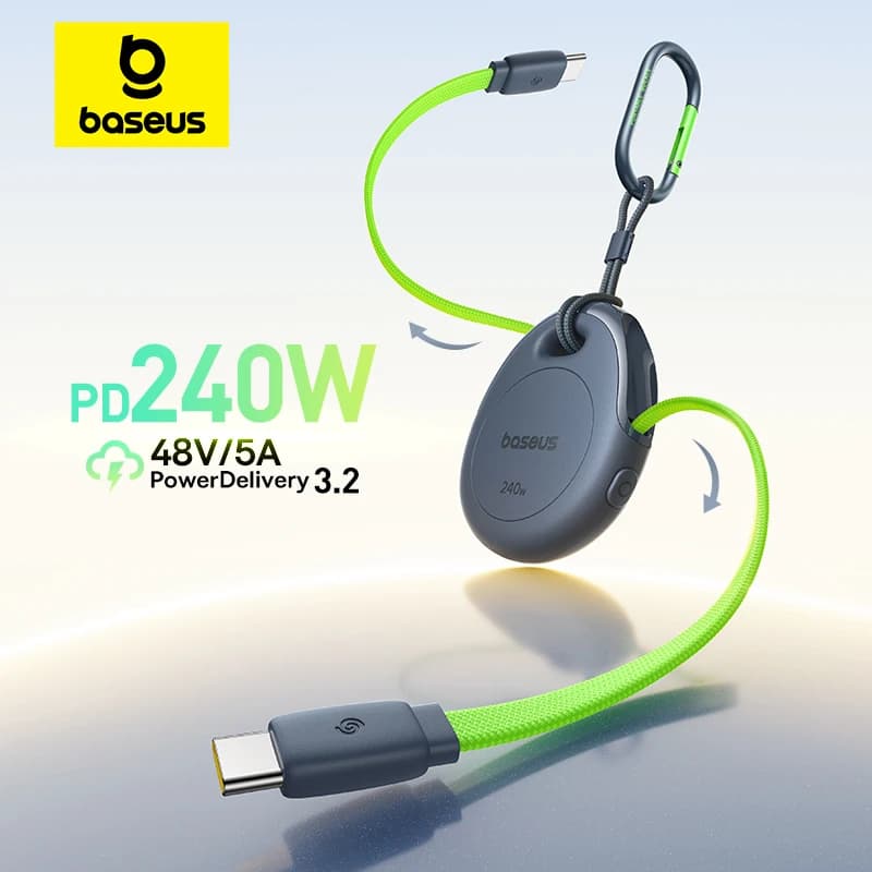 Baseus 240W One-Press Return Retractable Cable USB-C Type-C Fast Charging  Data Cable for iPhone MacBook with Carabiner Clip