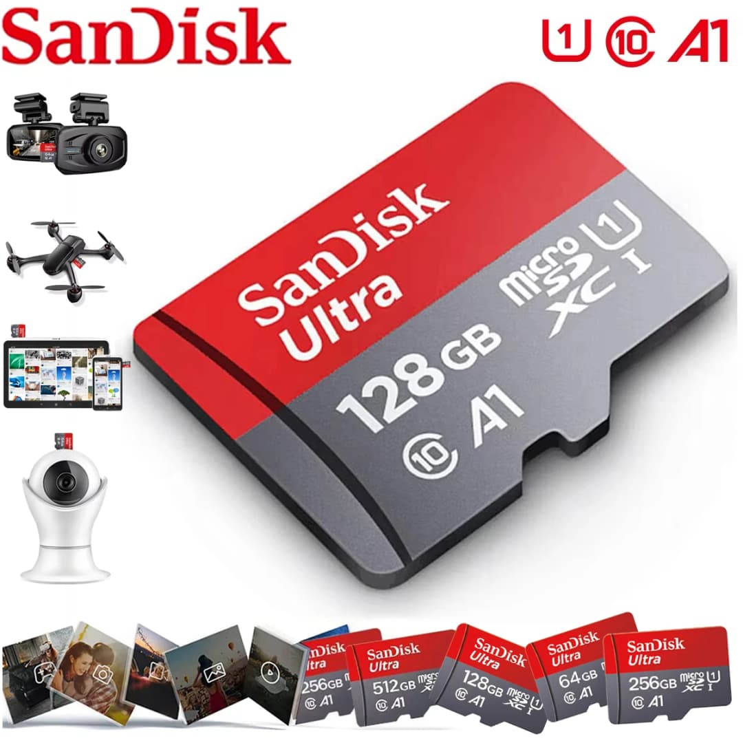 بطاقة ذاكرة Sandisk، 512/256/128/64/32 جيجا، مايكرو SD، فئة A1-10 UHS-1