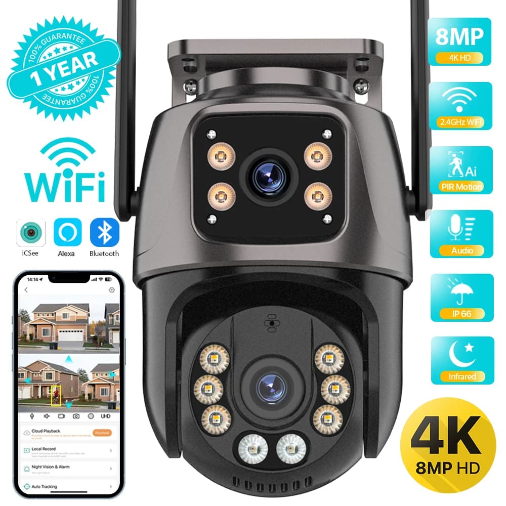 كاميرا 4K 8MP HD Wifi PTZ خارجية 4MP عدسة مزدوجة شاشة مزدوجة تتبع تلقائي AI كاميرا IP CCTV مراقبة صوت وفيديو P2P iCSee