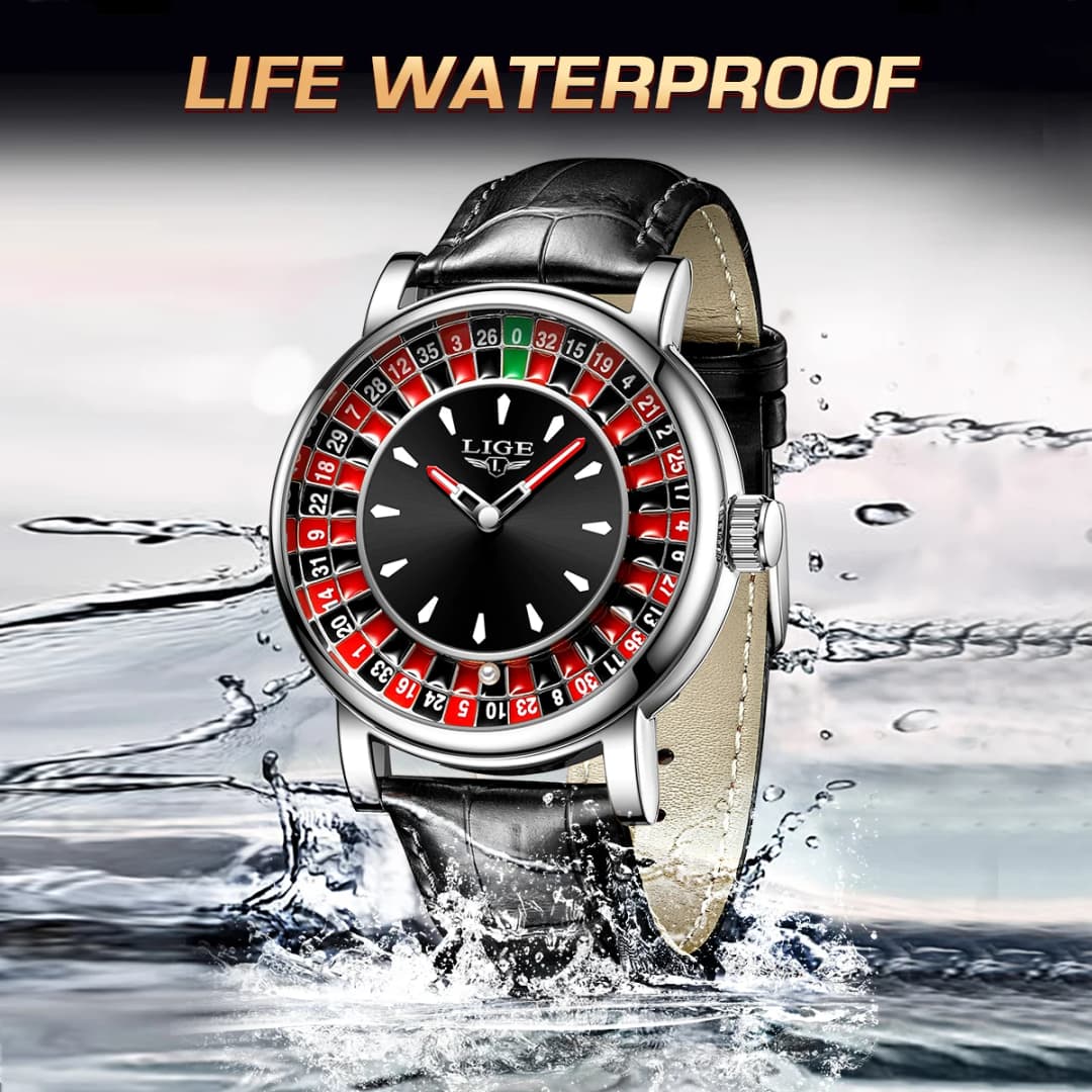 ساعة LIGE كوارتز رجالي موضة فاخرة تصميم مبدع على شكل لعبة روليت بمينا جلدية ساعات مقاومة للماء للحياة اليومية هدايا للرجال + علبة - 4