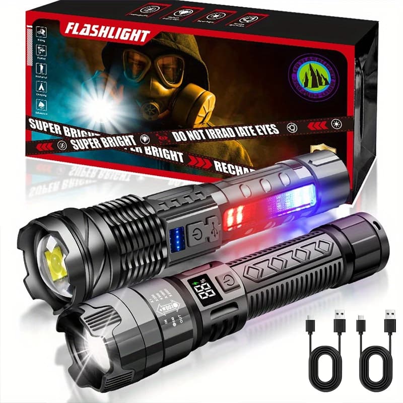 كشاف LED قوي، كشاف تكتيكي، مصباح فائق السطوع، شحن USB، مناسب للتخييم والصيد