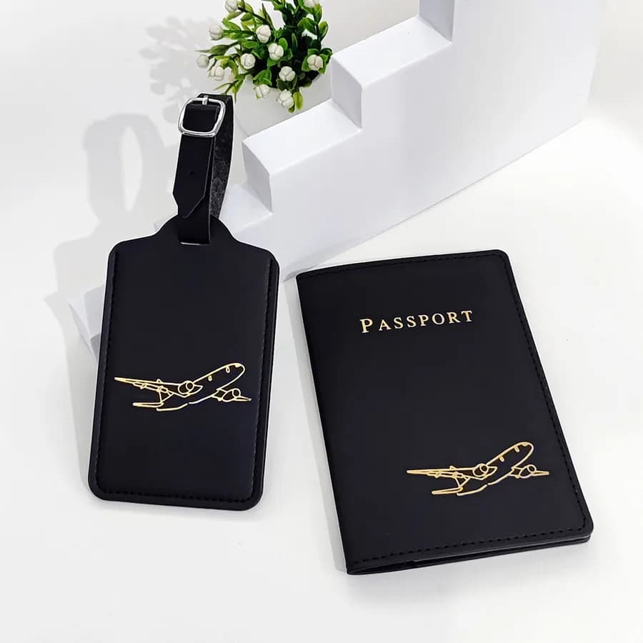 2PCS/Set Aircraft Passport Cover Luggage Tag With Name ID Card Anti-lost PU Leather Wallet Travel Accessories For Flight Lovers - 2