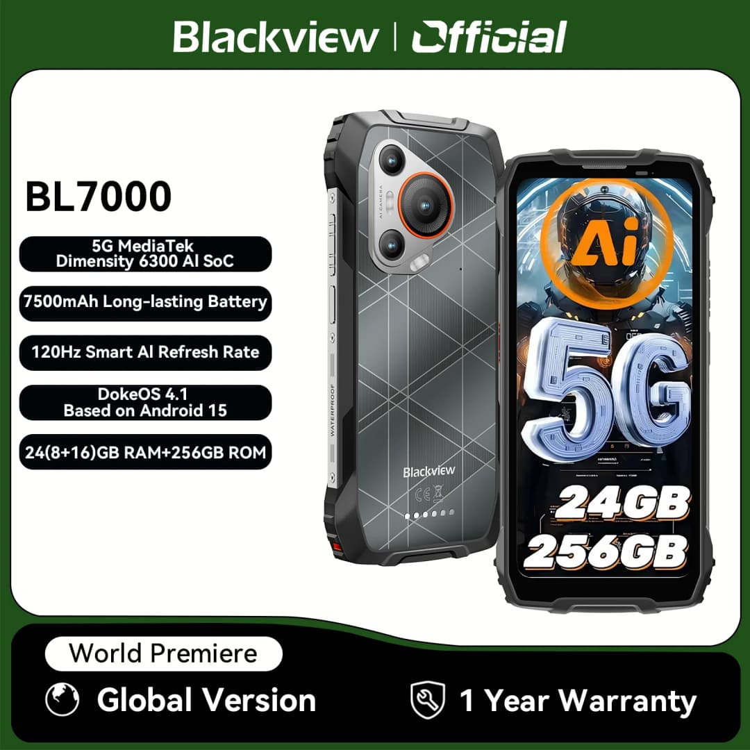 BLACKVIEW BL7000 5G AI Rugged Smartphone MTK 6300, 6.78" HD+2.4K Display 120Hz, 8GB + 256GB, 7500Amh Cerllphone Android 15