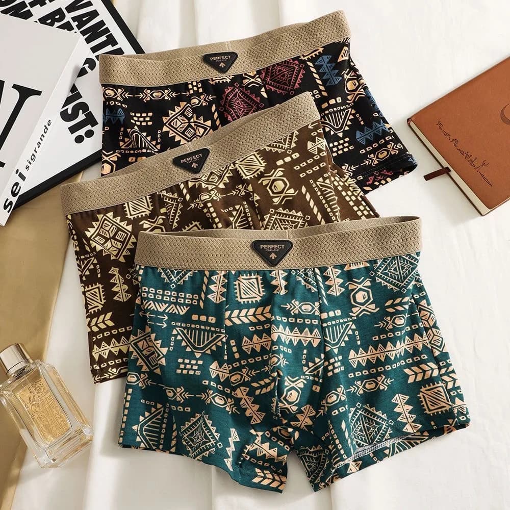 Retro Ethnic Style Men's Boxer Comfortable Briefs Vintage Print Elastic Underwear for Man Lingerie Mid Waist Shorts Underpants