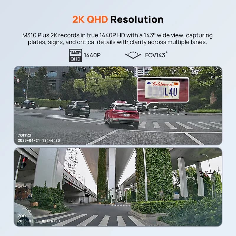 كاميرا داش 70mai M310 بلس بدقة 2K 1440P، زاوية رؤية 143 درجة، تحكم صوتي ذكي، وضع ركن السيارة 24 ساعة، رؤية ليلية - 3