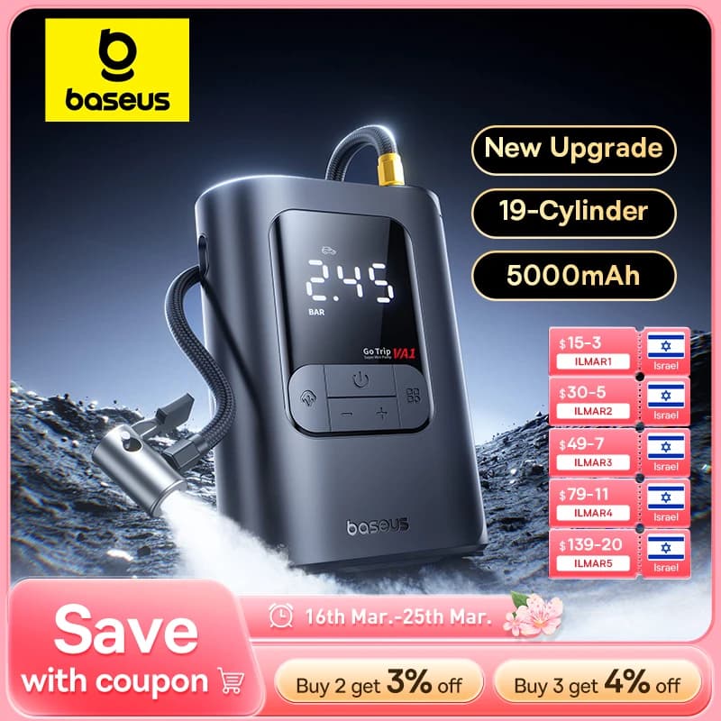 مضخة هواء سيارة لاسلكية من Baseus، ضاغط هواء محمول للسيارات والدراجات النارية والدراجات الهوائية، منفاخ إطارات كهربائي مع شاشة عرض رقمية LCD