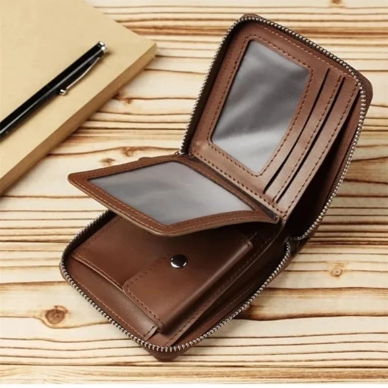 محفظة WEIXIE جلدية بسحاب، ثنائية الطي، صغيرة للعملات المعدنية مع حماية RFID - 5