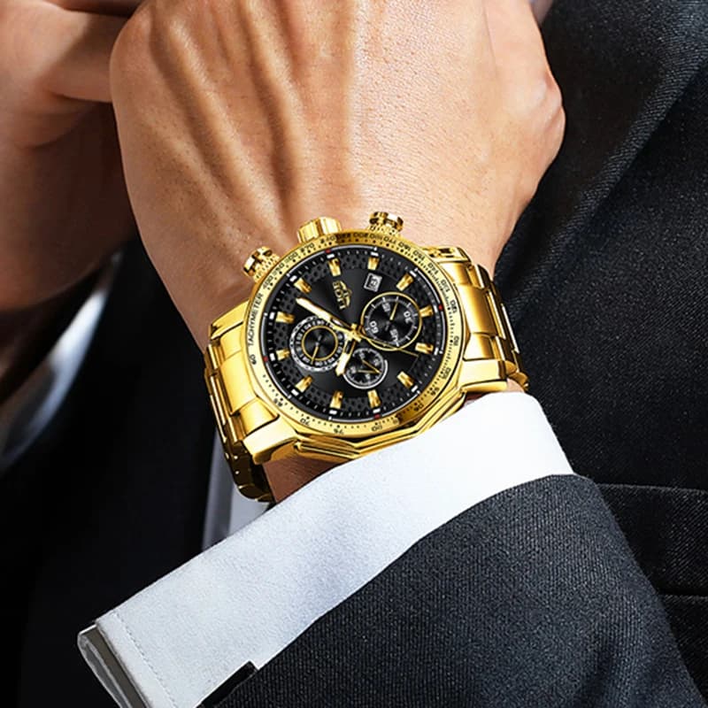 ساعات كوارتز ذهبية جديدة من LIGE للرجال، ساعة رياضية عسكرية مقاومة للماء، ساعة كبيرة المينا، ساعة كرونوغراف عصرية للأعمال، مونت هوم - 5